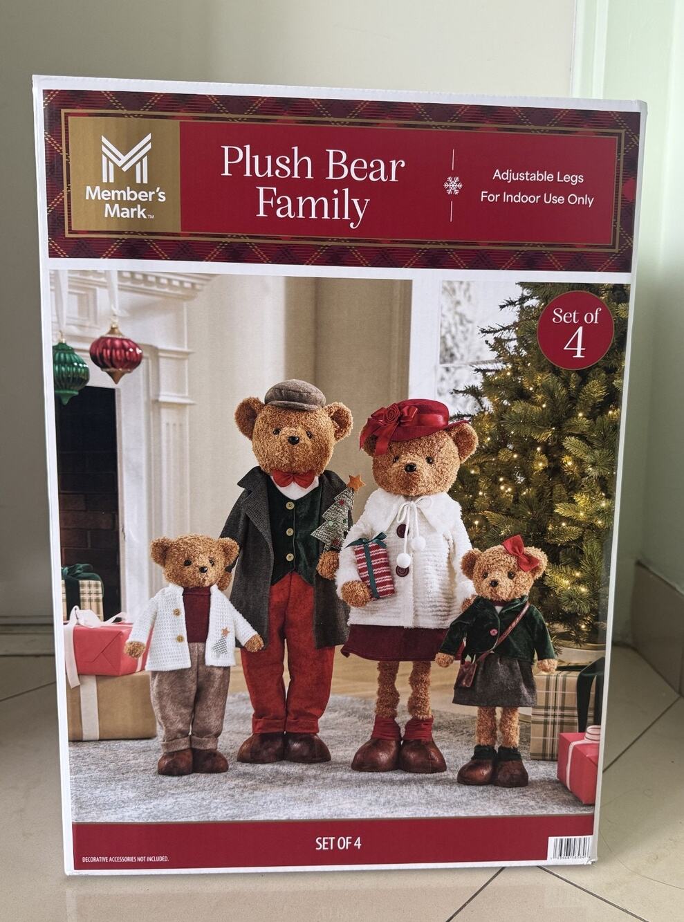 Member's Mark Plush Bear Family Set 4 Christmas Holiday Decorations Decor